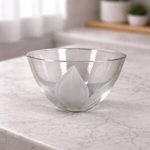 Vintage Crystal Glass Bowl Frosted Leaf Design Clear Decorative Bowl